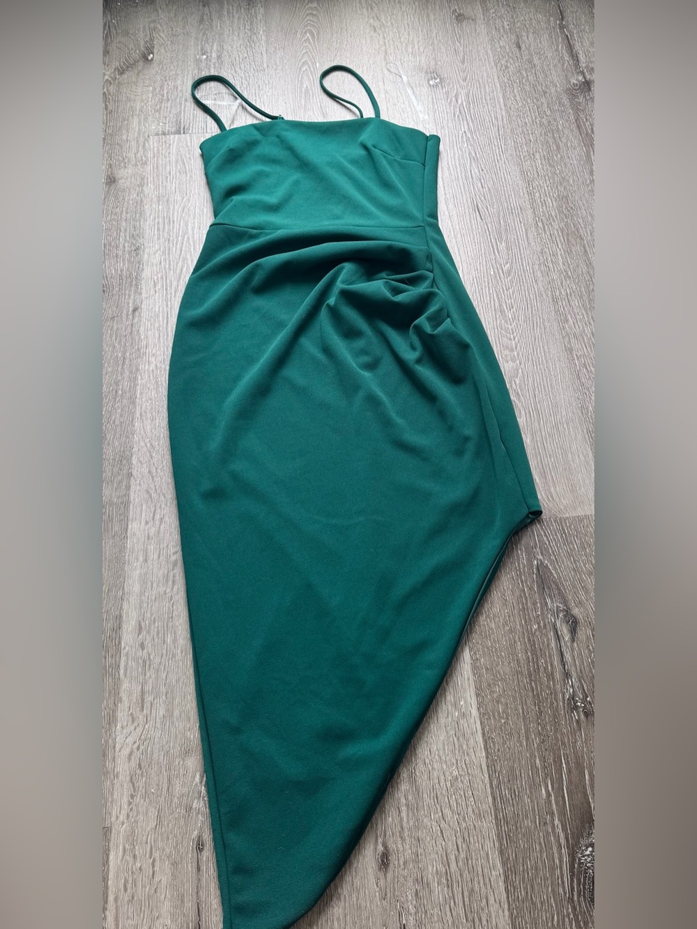 Blue Blush Emerald Green Asymmetrical Ruched Midi Dress M